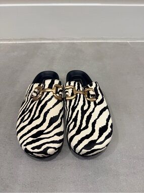ShuShop Zebra Print Black and White Mules with Gold Buckle